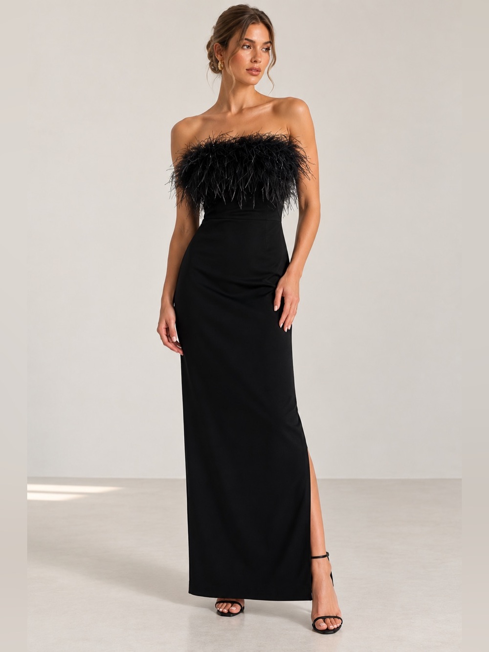 NEW ML Monique Lhuillier Lisette Feather Strapless Gown Black
